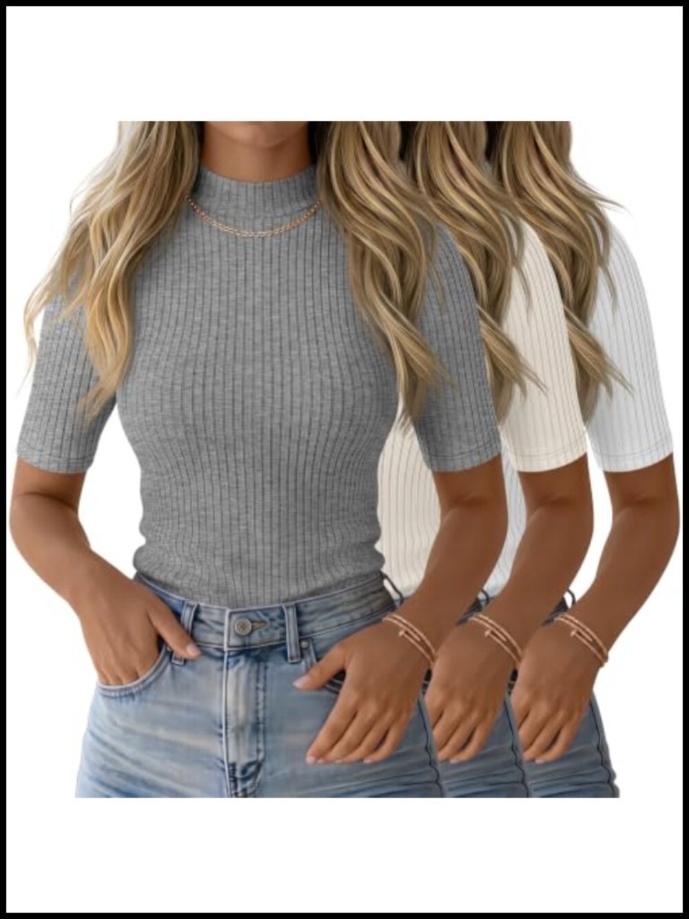3 Pack Women's Mock Neck Ribbed T-Shirts Half Sleeve Slim Fit